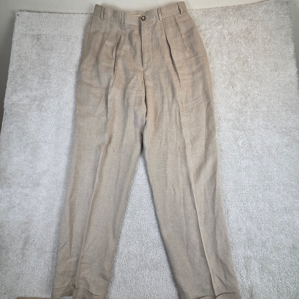 VTG Structure Le Collezioni Mens 34L Tan Italian Linen Pleated Cuffed Trousers